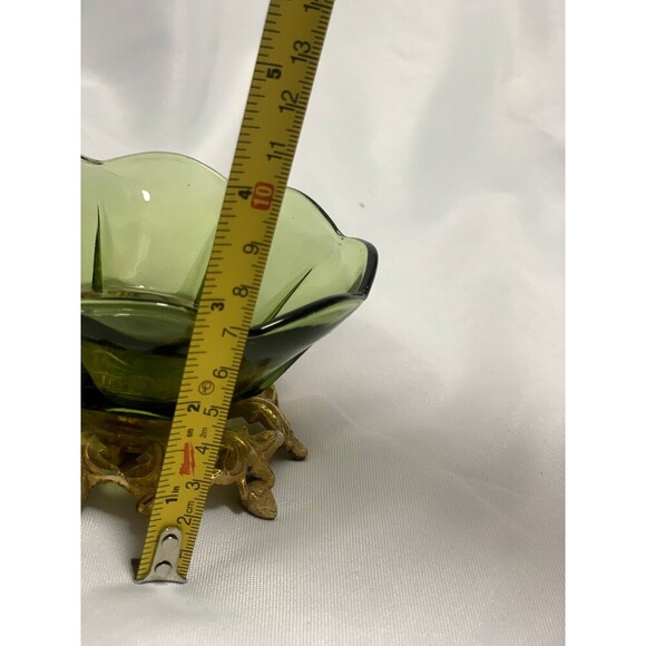 Vintage Green Pressed Scalloped Edge Glass Pedestal Bowl with Bronze base - Picture 5 of 7